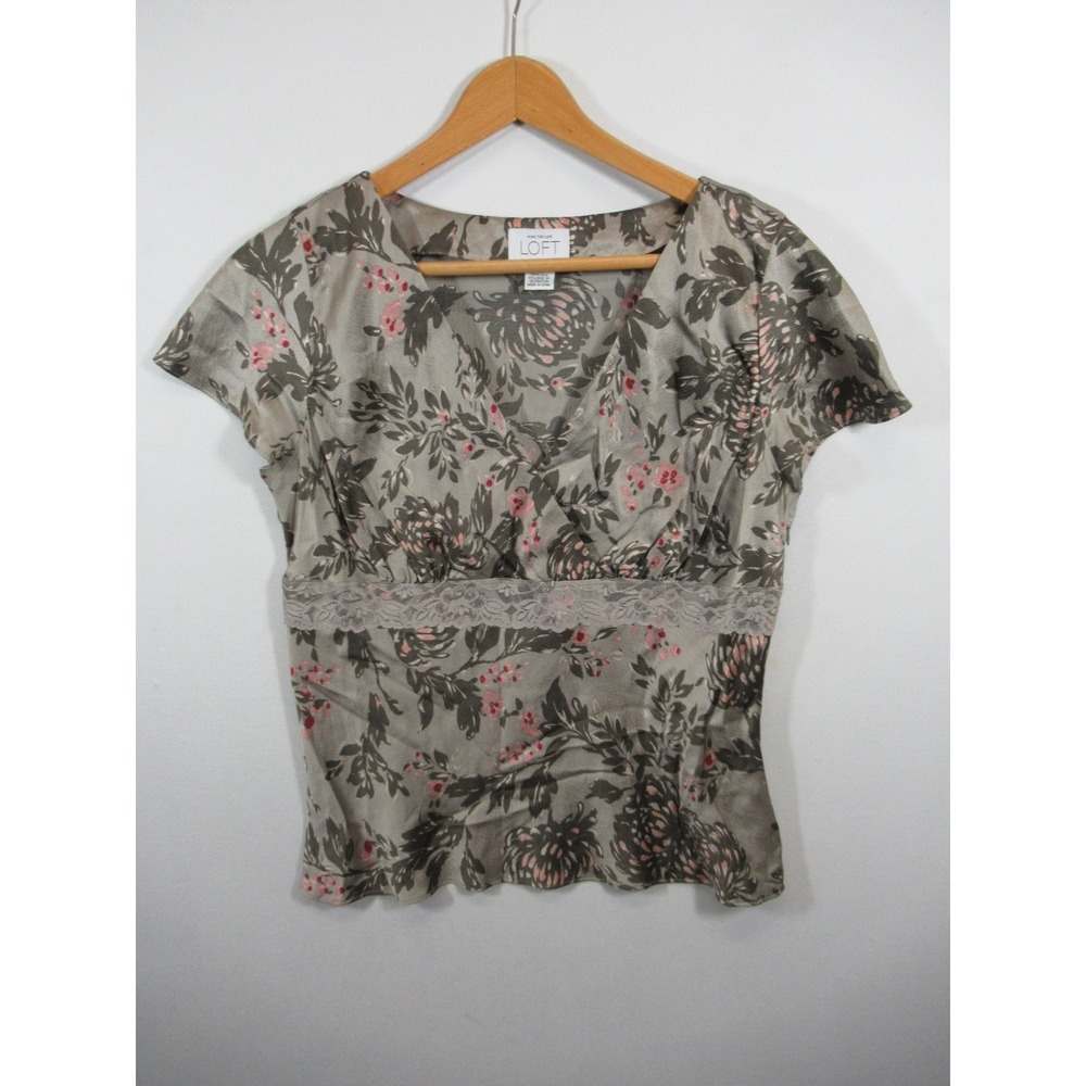 Ann Taylor LOFT Y2K Silk Babydoll Top Women 12 Floral Short Sleeve